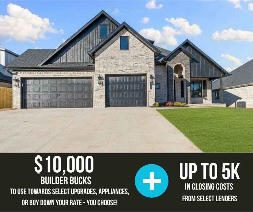 Discover Hillcrest—where scenic surroundings meet unbeatable convenience, with quick access to I-49, Northwest Arkansas National Airport, and the region’s largest employers. This stunning Eagle floor plan offers 2,835 sq ft of thoughtfully designed living space, featuring a bonus room, and a 3-car garage across two stories. Enjoy elevated finishes throughout, including an insulated garage door and walls for added efficiency, floor-to-ceiling tile in the bathrooms for a sleek, modern feel, and framed mirrors with cabinets above the toilets for both style and functionality—creating the perfect blend of comfort, quality, and location.Open houses every Sunday from 1--4 PM. For a limited time, Builder Incentives: $10,000 Builder Bucks to use towards select upgrades, appliances, or buy down your rate -- you choose! Plus up to 5K from select lenders. For a total of up to 15K with lender incentives! Fence, blinds, and gutters are all included.