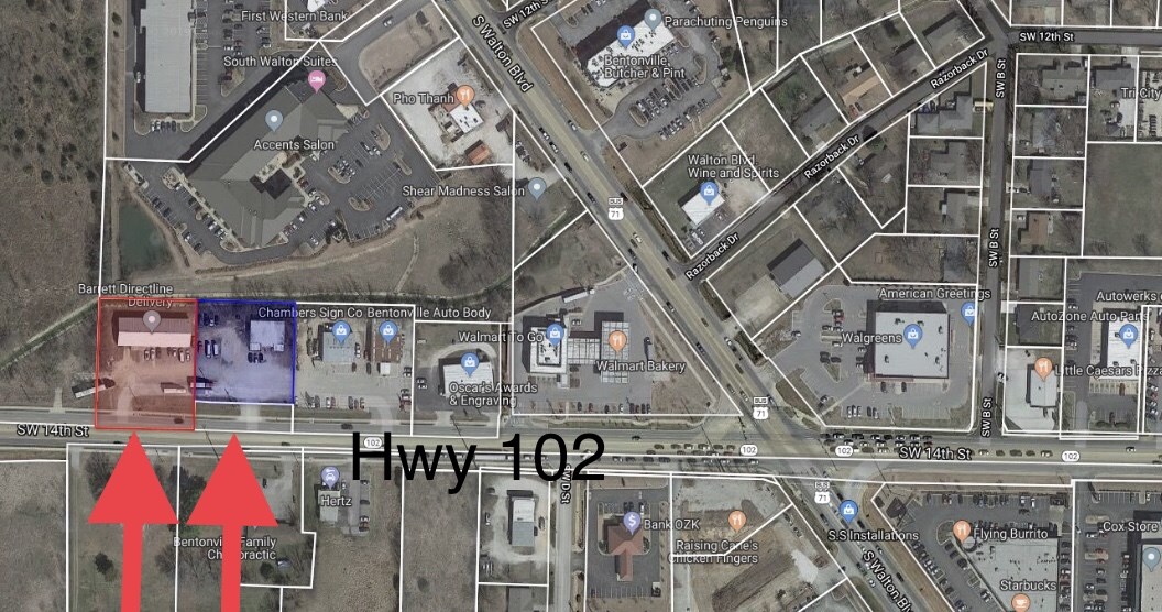 Location, Location!! Land has 342' (+/-) of road frontage on Hwy 102 aka 14th Street. Property has 2 buildings totaling approx. 8228 sf (+/-) sitting on 1.58 (+/-) acres of PRIME real estate. 2 parcels of land Zoned C-2. The development possibilities for this property are endless! 2017 ARDOT Traffic Count Map has 30,000 cars per day! All city utilities available. Property is being used as office space/delivery services and conveys "as is". 602 is vacant, 606 is occupied. Call for showing & keys.