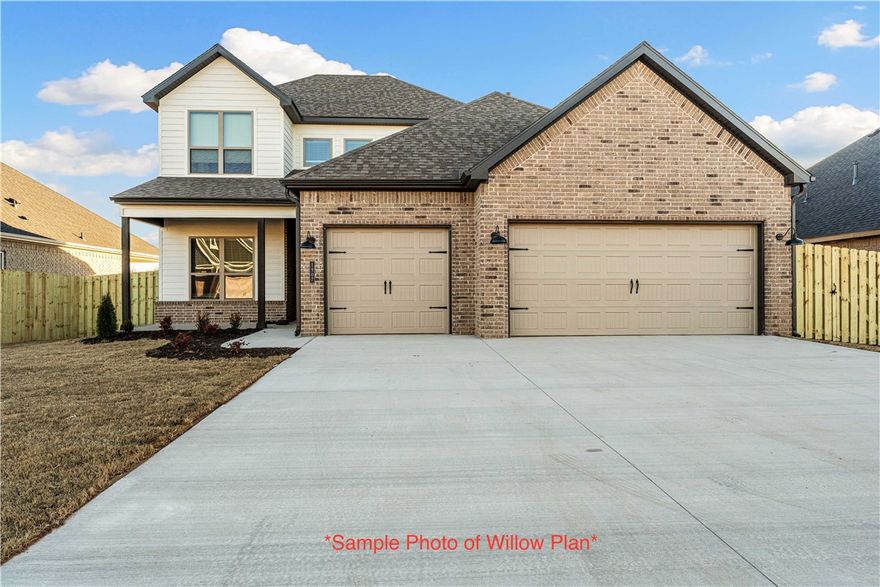 Welcome to Hillcrest in Cave Springs!Surrounded by scenic views and quiet charm, this community is just minutes from the best of Northwest Arkansas including shopping, dining, entertainment, and top-rated schools.The Willow offers 2,285 square feet of well-designed living space, the Willow features 4 bedrooms and 2.5 baths. A private study welcomes you inside, leading to a spacious open-concept kitchen, dining, and living area.The main-level primary suite is a relaxing retreat with a spa-like ensuite, walk-in closet, and direct access to the laundry room. A half bath is conveniently located for guests. Upstairs, three roomy bedrooms share a full bath and offer generous closet space.Other highlights include a three-car garage for extra storage and a covered back patio with a cozy fireplace.