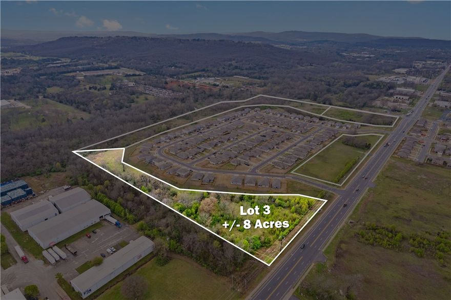 +/- 8 Acres of land front E 15th St, which sees +/- 16,000 VPD. Utilities are readily available on site or in close proximity. Positioned along the edge of a recently constructed subdivision developed by a leading national builder. The front +/- 4 acres is currently zoned C-1 Neighborhood Commercial, making a great spot for a QSR, Retail/Office Spaces, or Short-Term Rentals. The back +/- 4 acres is currently zoned RSF8, used for single family homes or short-term rentals. Conveniently located just a short 5-minute drive to Downtown Fayetteville and the University of Arkansas Campus.