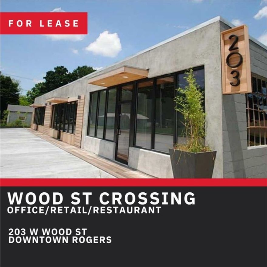 Wood St Crossing, located in the North District of Downtown Rogers, is an active revitalization of prime Commercial Lease space. In total, the building is 7,310sf of available lease space, situated immediately adjacent to the Railyard Loop of the Greenway Tail System. Suite B is 1,850 sf  that provides a large break area, beautiful details, industrial interior feel with a private bathroom and open floor plan. Perfect for Retail, Office, Bar or Restaurant. See the attached flyer for additional leasing details and pictures.