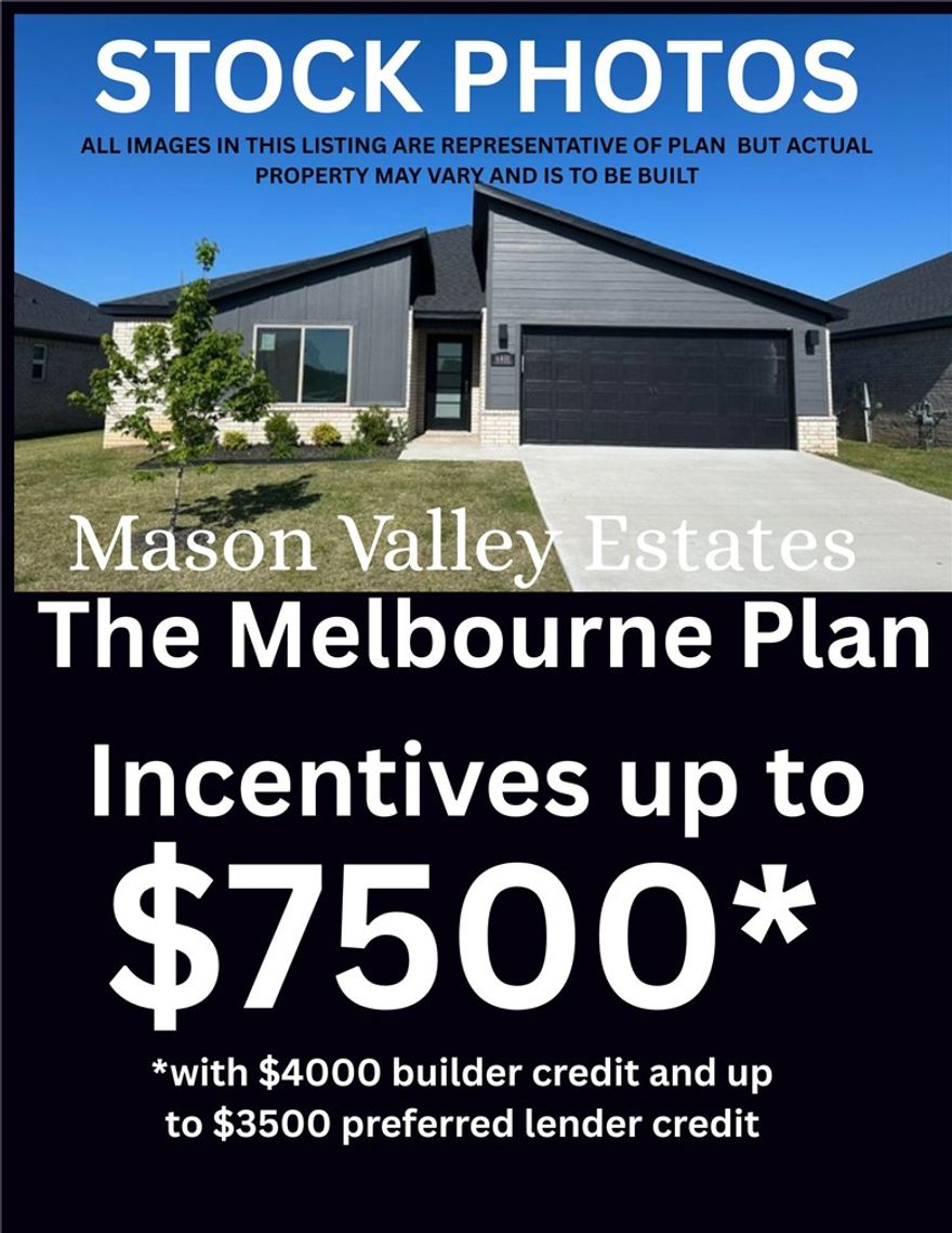 The Melbourne Plan, a stunning new construction home in Mason Valley Estates Subdivision, located in the desirable Bentonville Schools. Designed with style and function, this 3 bed, 2 bath home offers a perfect blend of modern elegance and everyday comfort. The open-concept layout invites you to see the spacious interior. At the heart of the home, the kitchen shines with granite countertops, custom cabinetry, a large island, and premium stainless steel appliances, making it perfect for hosting or casual dining. Cozy up by the gas fireplace in the living area or enjoy the practicality of a gas range for all your cooking. With luxury finishes throughout, this home is truly designed for today’s lifestyle. Situated in an exciting new community, future amenities include a pool, adding even more value to your investment. Schedule your showing today and take advantage of the $4,000 builder credit, and up to $3,500 lender credit.