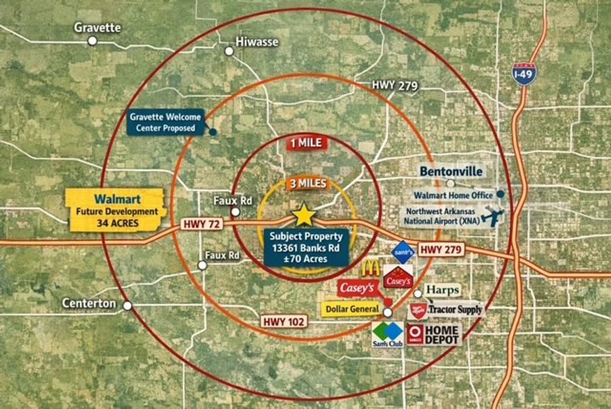 A developers DREAM come TRUE!!! Discover a stunning +-70 acre parcel in Bentonville, Arkansas, offering both commercial and residential potential.  Zoned agricultural, this property features on-site electric and city water utilities and a range of possibilities for development.  Enjoy the natural beauty while envisioning future projects in this prime Northwest Arkansas location.   Walmart just purchased 35 acres for $6mil not too far from this property.   Walmart HO is 7 miles, XNA is 21 miles Property sits right off the highway
Do not wait on this opportunity Call to schedule your tour today
Driving Tours are by appointment only