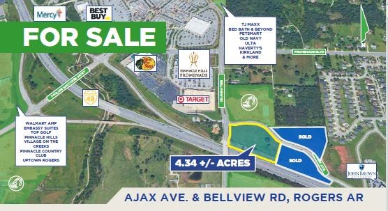 7.0 +/- acres for sale in a preeminent destination in Northwest Arkansas! Adjacent to the Pinnacle Hills promenade which houses Dillards, JC Penney and many other national retailers along with upscale restaurants such as Local Lime, Big Orange and Mimi's Cafe. the Walmart Amp and Razorback Greenway provide a quality of life to the surrounding neighborhoods in Rogers.