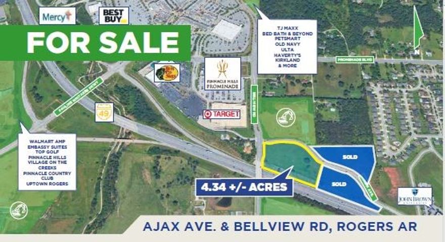 7.0 +/- acres for sale in a preeminent destination in Northwest Arkansas! Adjacent to the Pinnacle Hills promenade which houses Dillards, JC Penney and many other national retailers along with upscale restaurants such as Local Lime, Big Orange and Mimi's Cafe. the Walmart Amp and Razorback Greenway provide a quality of life to the surrounding neighborhoods in Rogers.