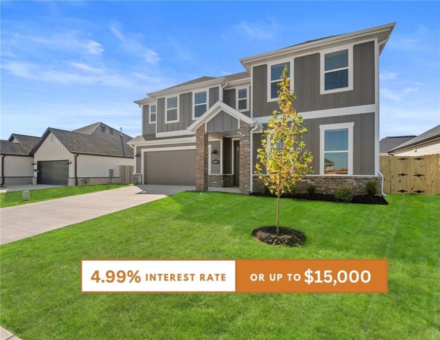 Fence, blinds and gutters included! Discover your dream home in the sought-after Osage Hills neighborhood. Delta plan with garage on the left and North facing! 9 ft ceilings, linear electric fireplace in the living room, LVP flooring throughout the main living areas and primary bedroom, quartz countertops and more. Chef's kitchen boasting frigidaire stainless steel appliances, gas range, pantry, quartz countertops, bar pull handles, large island and gorgeous backsplash. Luxurious primary bedroom features abundant natural light, while the spa-like primary bathroom offers a walk-in shower, tub, double sinks, and spacious walk-in closets. Additional features include a study on the main level, two large secondary bedrooms upstairs and a separate laundry room. Nestled on a generous lot with covered patio that overlooks the serene sodded, fully fenced backyard. Sturdy concrete siding & brick! Model home located at 6008 SW Coywolf St- Lot 122.