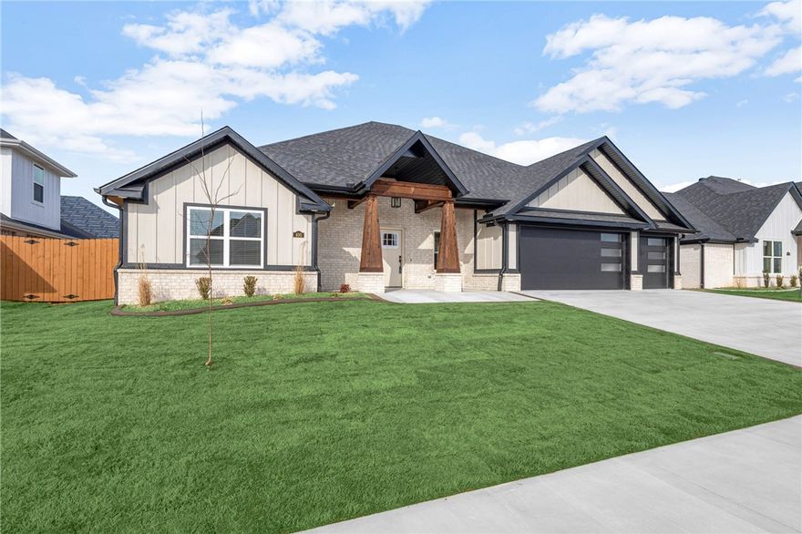 Brand new one-level 4 bed, 2.5 bath home with an open floor plan & truly extensive custom woodwork throughout. Featuring 10 foot custom cabinetry in kitchen, white quartz countertops, soft-close cabinets & drawers, huge hidden walk-in pantry, and ambient lighting in crown molding and inside and underneath cabinetry. Fully insulated 3-car garage with freshly finished epoxy flooring. Wired for surround sound. Retractable central vac system with toe kick in kitchen! Includes sprinkler system, security system, gas hookup on back patio, stained privacy fence, and professional landscaping with curbed and stained borders. BUILDER is OFFERING  3% OF PURCHASE PRICE BUYERS CLOSING COSTS AND PREPAID ITEMS! That's HUGE! Walking distance to Bentonville High School West and Gamble Elementary.  10 minutes to downtown Bentonville/Walmart Home Office.