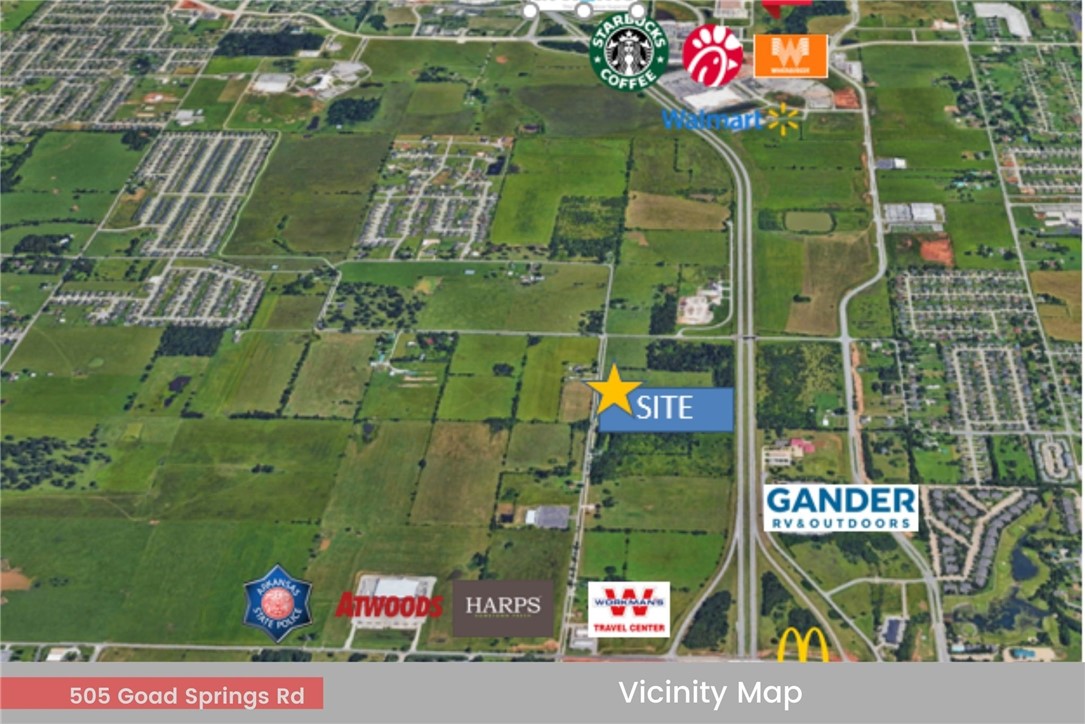 A gorgeous 11.43 acre commercial opportunity surrounded by green space, convenient to all of NWA. Located on I-49 directly across from Gander RV, within 2 miles of Walmart and just 5 miles of the Walmart Amp, Top Golf, Bass Pro, numerous fast-food establishments and Pinnacle Promenade. Easy access to Exit 78, I-49 and the Razorback Greenway. The possibilities are endless!