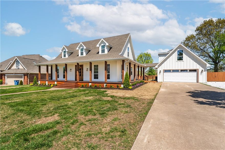 Come home to this completely remodeled home in the heart of Bentonville, all on a flat .58 acre fenced lot.  The home was just remodeled top to bottom and a brand new 1,455 sq/ft apartment added to the garage space. The main house features 3 bedrooms, 2.5 baths, open living/kitchen space, upstairs second living space. The garage apartment features a full kitchen, laundry, 1.5 bathrooms, large bedroom with huge walk in closet and a second upstairs living space/bonus area. Nothing was overlooked in the house remodel, new roof, new hvac, plumbing, electrical, windows, doors, flooring, cabinets, appliances, ect. The property is just minutes from I-49 and the new WMHO.