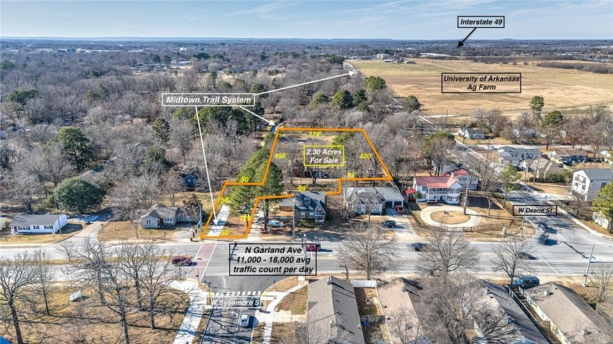 LOCATION, LOCATION! 2.3 acres of Prime development land situated in the Opportunity Zone, and only a mile from UofA campus. A Landmark of Ozark Heritage with Unlimited Development Possibilities! This Prime 2.3 acres is nestled at the vibrant crossroads of Garland Ave and Sycamore St. As the main road to the UofA from I-49, it sees 11k-18k avg traffic count daily. Positioned adjacent to the newly completed Midtown Bike Trail, the location is unbeatable for visibility & connectivity. This property is primed for transformation, as a candidate for possible rezone to higher density, multi-family, cluster housing, or light commercial. Get creative & capitalize on the growing energy of the UofA, and NW Arkansas. Since 2014, the property has been operating commercially as a non-profit/community event space, with a CUP from the city. Prefer to sell with adjacent 0.30ac and 1906sf 3/2/2 home (see ML#1332113). This property is a blank canvas for visionaries! Preserve its heritage, amplify its character, and unlock its future!