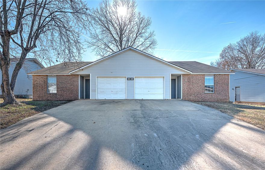 Excellent investment opportunity in West Fayetteville! Freshly remodeled duplex (3 bedrooms, 2 bathrooms, 1 car garage per side) with brand new flooring, paint, refinished cabinets, counter tops, patio doors and new lighting & plumbing fixtures throughout. Brand new kitchen appliances including Refrigerators. Washer/dryer hookups. Kitchen Pantry closet. Unit 4405 has newer Heat & Air units and a newer hot water heater w/expansion tank. Conveniently located just under 2 miles from I-49 and only 3 miles to the UofA. Close to bus routes, trails, schools, shopping, restaurants, and all amenities Fayetteville.