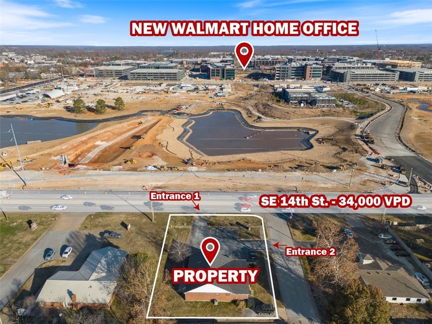 Seize this unparalleled opportunity to position your business at the gateway to the 350-acre Walmart World Headquarters in one of the fastest growing markets in the country. This high exposure property sits directly across from the main south entrance fronting a 6-lane highway with over 34,000 VPD ideal for capitalizing on the influx of professionals, visitors, and corporate executives. The +/- 3,104 SF commercial building that sits on +/- 0.46 acres is a rare and unmatched chance to secure a high-profile property in this booming business district. Perfect for investors or owner operators looking to leverage this prime location and Bentonville's explosive growth.