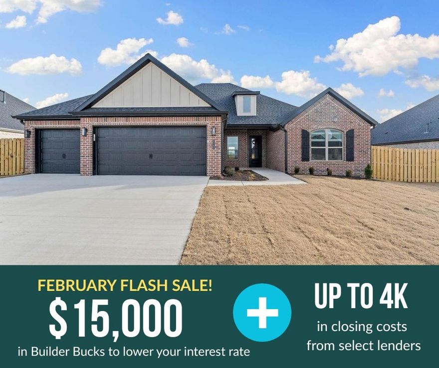 FLASH SALE: Contract in Feb and receive 15K in builder bucks and up to 4K from select lenders.Pea Ridge is quickly becoming one of Northwest Arkansas’s most sought-after communities, and Concord is the perfect neighborhood to put down roots. Welcome to the 2,325 sq. ft. floor plan—a thoughtfully designed home offering 4 bedrooms and 2.5 bathrooms. Inside, you’ll find a dedicated dining area, a cozy breakfast nook, and a spacious living room that flows seamlessly into the kitchen, making it ideal for both everyday living and entertaining.The primary suite features a generously sized bedroom and a spa-like ensuite with a soaker tub for relaxation. On the opposite side of the home, three additional bedrooms share a full bathroom, with a convenient half bath located off the kitchen and laundry room. Three car-garage and covered back patio. Fence, blinds, and gutters are all included.