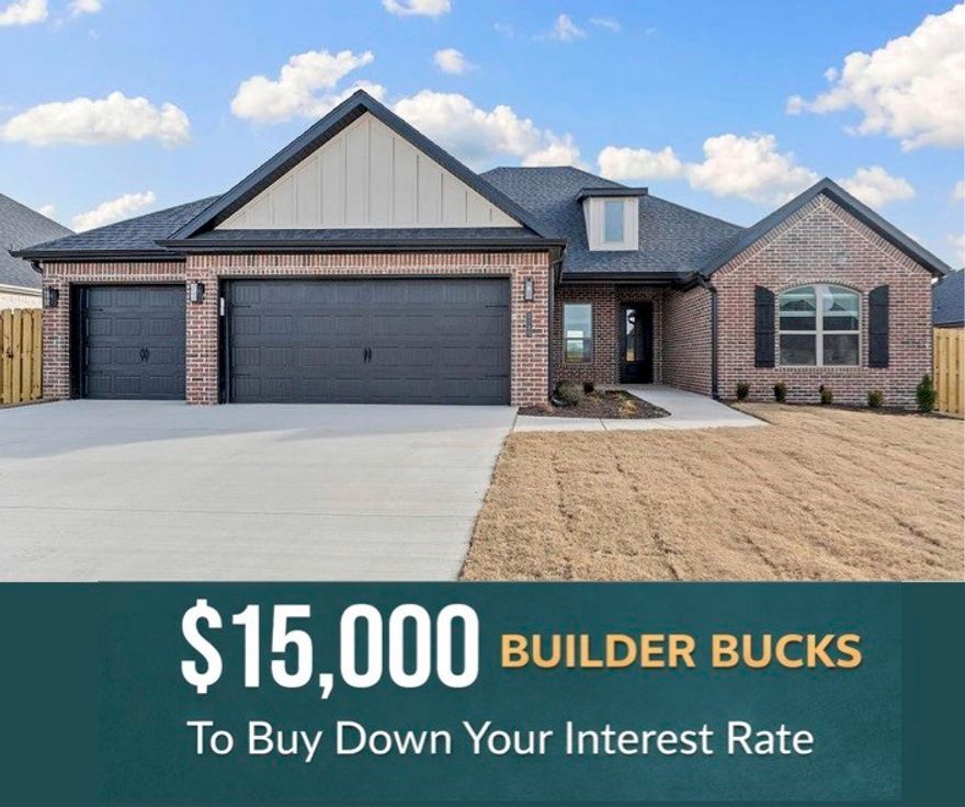 FLASH SALE: Contract in Feb and receive 15K in builder bucks and up to 4K from select lenders.Pea Ridge is quickly becoming one of Northwest Arkansas’s most sought-after communities, and Concord is the perfect neighborhood to put down roots. Welcome to the 2,325 sq. ft. floor plan—a thoughtfully designed home offering 4 bedrooms and 2.5 bathrooms. Inside, you’ll find a dedicated dining area, a cozy breakfast nook, and a spacious living room that flows seamlessly into the kitchen, making it ideal for both everyday living and entertaining.The primary suite features a generously sized bedroom and a spa-like ensuite with a soaker tub for relaxation. On the opposite side of the home, three additional bedrooms share a full bathroom, with a convenient half bath located off the kitchen and laundry room. Three car-garage and covered back patio. Fence, blinds, and gutters are all included.