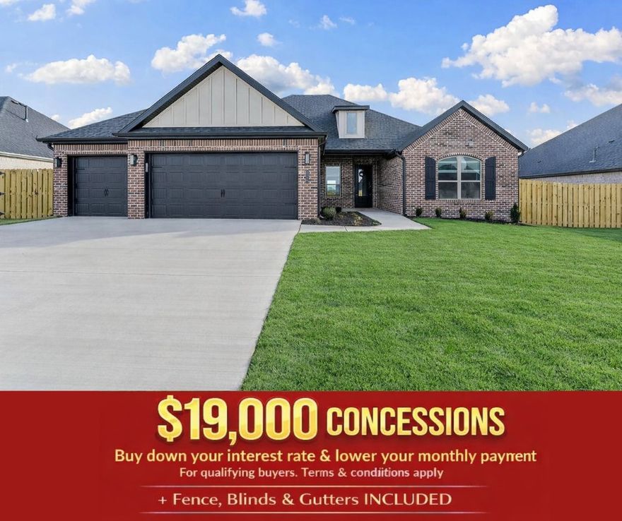 For a limited time receive 15K in builder bucks and up to 4K from select lenders.Pea Ridge is quickly becoming one of Northwest Arkansas’s most sought-after communities, and Concord is the perfect neighborhood to put down roots. Welcome to the 2,325 sq. ft. floor plan—a thoughtfully designed home offering 4 bedrooms and 2.5 bathrooms. Inside, you’ll find a dedicated dining area, a cozy breakfast nook, and a spacious living room that flows seamlessly into the kitchen, making it ideal for both everyday living and entertaining.The primary suite features a generously sized bedroom and a spa-like ensuite with a soaker tub for relaxation. On the opposite side of the home, three additional bedrooms share a full bathroom, with a convenient half bath located off the kitchen and laundry room. Three car-garage and covered back patio. Fence, blinds, and gutters are all included.