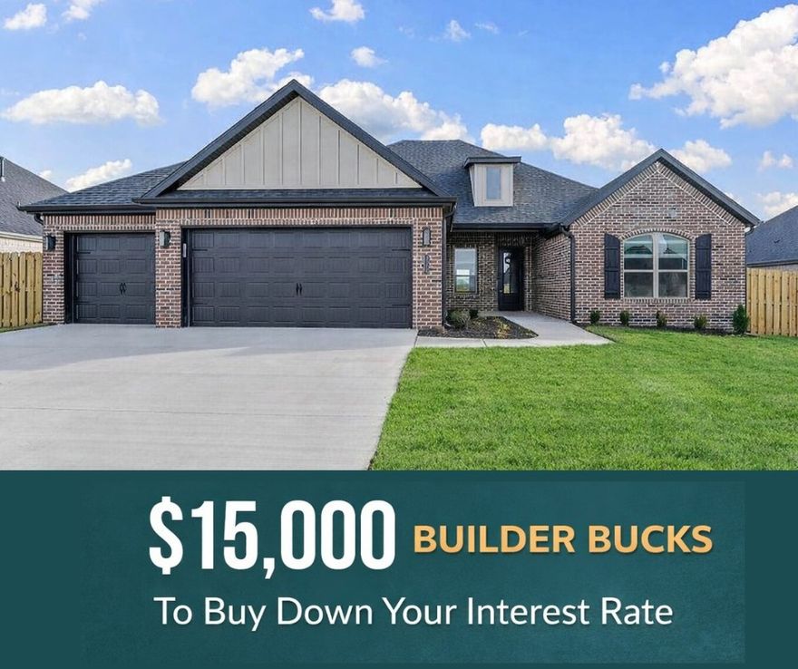 For a limited time receive 15K in builder bucks and up to 4K from select lenders.Pea Ridge is quickly becoming one of Northwest Arkansas’s most sought-after communities, and Concord is the perfect neighborhood to put down roots. Welcome to the 2,325 sq. ft. floor plan—a thoughtfully designed home offering 4 bedrooms and 2.5 bathrooms. Inside, you’ll find a dedicated dining area, a cozy breakfast nook, and a spacious living room that flows seamlessly into the kitchen, making it ideal for both everyday living and entertaining.The primary suite features a generously sized bedroom and a spa-like ensuite with a soaker tub for relaxation. On the opposite side of the home, three additional bedrooms share a full bathroom, with a convenient half bath located off the kitchen and laundry room. Three car-garage and covered back patio. Fence, blinds, and gutters are all included.