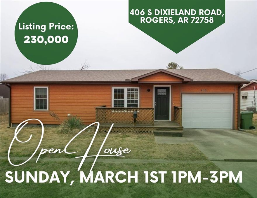 Well-maintained 2BR/2BA home on approximately 0.53 acres in a prime Rogers location. This property offers an efficient open-concept floor plan with a functional kitchen featuring granite countertops and ample cabinet space.

Positioned just 1.5 miles from Downtown Rogers, this property provides quick access to Lake Atlanta, Razorback Greenway trails, shopping, dining, medical facilities, and major employers including Walmart Home Office and Sam’s Club corporate campus.

Large lot offers flexibility for outdoor living, storage buildings, garden space, or future improvement potential (buyer to verify). Home is in good overall condition and presents a strong opportunity for buyers seeking an affordable, move-in-ready option with land — a combination that is increasingly difficult to find in Rogers.

Convenient access to major corridors while maintaining a residential neighborhood feel. Ideal for owner-occupants, first-time buyers, or investors seeking strong location fundamentals.