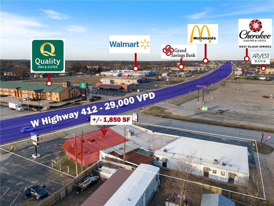 +/- 1,850 SF retail/office space fronting US-412 in Siloam Springs, offering prime visibility and
accessibility. This suite is currently being utilized as a retail store featuring a reception/welcoming area, 7 private offices, patient rooms, or separate retail floors, private restroom, and storage closet. Positioned at the intersection of US-412 (29,000 VPD) and Dogwood St (1,700 VPD), this location ensures excellent exposure. Additionally, it is less than a half mile from Walmart Neighborhood Market, and surrounded by major national retailers such as Harbor Freight, Dunham's Sports, KFC, Sonic Drive-In, O'Reilly Auto Parts, and more. This is a fantastic opportunity to establish your business. Offered on a modified gross lease, tenants are responsible for their own electric and gas, plus $150/mo for water and trash.