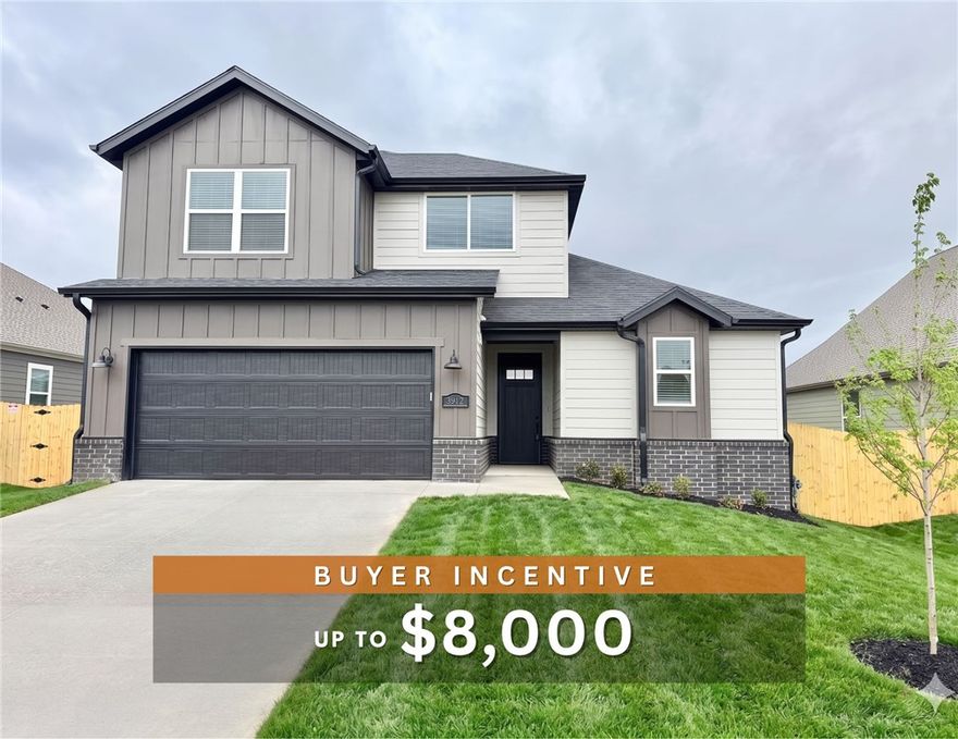 Fence, blinds and gutters included! Discover your dream home in the new neighborhood- Jacob's Crossing. Aiden plan with garage on the right and North facing! 9 ft ceilings, linear electric fireplace in the living room, LVP flooring throughout the main living areas and primary bedroom, quartz countertops and more. Chef's kitchen boasting frigidaire stainless steel appliances, gas range, pantry, quartz countertops, bar pull handles, tons of counter space and gorgeous backsplash. Luxurious primary bedroom features abundant natural light, while the spa-like primary bathroom offers a walk-in shower, double sinks, and spacious walk-in closets. Additional features include three large secondary bedrooms upstairs and a functional laundry room. Nestled on a generous lot with covered patio that overlooks the serene sodded, fully fenced backyard. Sturdy concrete siding! Model home located at 3631 Tranquility St- Lot 1.