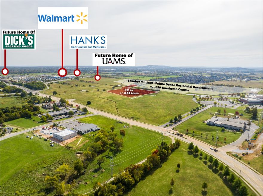 Exceptional Site Development Opportunity! +/- 8.14 acres of prime commercial land off I-49 in Rogers,
AR. This flexible parcel supports commercial, multifamily, or mixed-use development. A rare chance to
join one of the last remaining master-planned communities in the heart of Northwest Arkansas. Full
utilities: gas at the street, 10" sewer lines, 24" water line, and electric on site. The site plan is
preliminary; shape, size, and access may change to suit the end user. Surrounded by top retailers—Walmart, Starbucks, Chick-fil-A, Casey’s, and a future Dick’s Sporting Goods—this location is ideal for high-traffic commercial use. Traffic counts reach +/- 110K VPD on I-49 and 18K on W Pleasant Grove Rd. Just 2.5 miles from Top Golf and Walmart AMP, 10 min from Walmart’s new HQ, and under 20 min to XNA. UAMS is building nearby, and Schuber Mitchell Homes plans +/- 520 housing units. Avg. household income within 1 mile is +/- $170K—fueling growth at this dynamic site.
