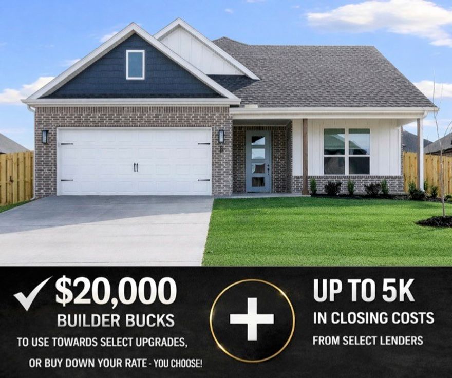 Introducing the Stork floor plan, a beautifully designed single-story home offering 2,009 square feet of open, functional living space. Featuring 4 bedrooms, 2.5 bathrooms, and a 2-car garage. The open-concept living area is highlighted by an electric fireplace and engineered hardwood flooring throughout the spaces, creating warmth and flow for both everyday living and entertaining. The primary suite offers exceptional convenience with the utility room directly connected to the primary bedroom. Live in Hillcrest and enjoy a serene community only moments from Rogers schools, I-49, and Northwest Arkansas’ top destinations. Open Houses every Sunday from 1-4pm. For a limited time, Builder Incentives: $20,000 Builder Bucks to use towards select upgrades, appliances, or buy down your rate – you choose! Plus up to 5K from select lenders. For a total of up to 25K with lender incentives! Fence, blinds, and gutters are all included.