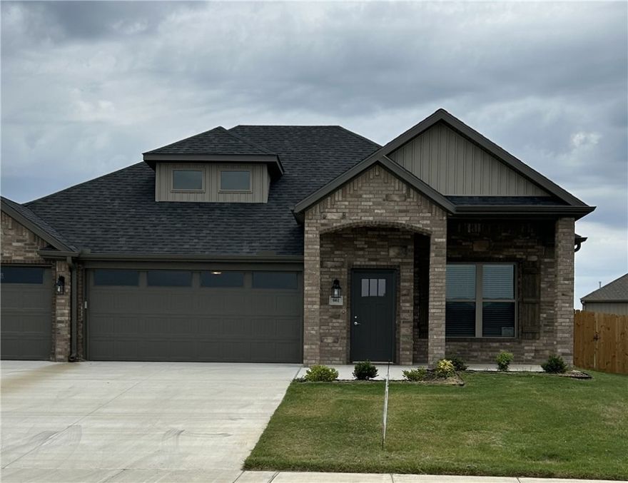 Remarkable new construction 3 bedroom, 2 bathroom single story with 3 car garage home now available. Kitchen is complete w Stainless Steel appliances, gas cooktop, pantry, and granite countertops. Large Fireplace in the living room is the perfect focal point. Details throughout include wood cased windows complete with 2 in blinds. Large front porch, fully sodded oversized yard, landscaping and privacy fence add tremendous curb appeal. The back porch is covered & home has fully installed gutters. Keyless pad on garage door for ease of access. Master bedroom has an oversized tile shower. The Master bedroom and closet conveniently wraps around into the laundry room located close to the garage for ease of access. Exterior brick construction creates long life & ease of maintenance. Interior finishes may vary, some photos are of similar floor plan. Staged furniture in home does not convey.