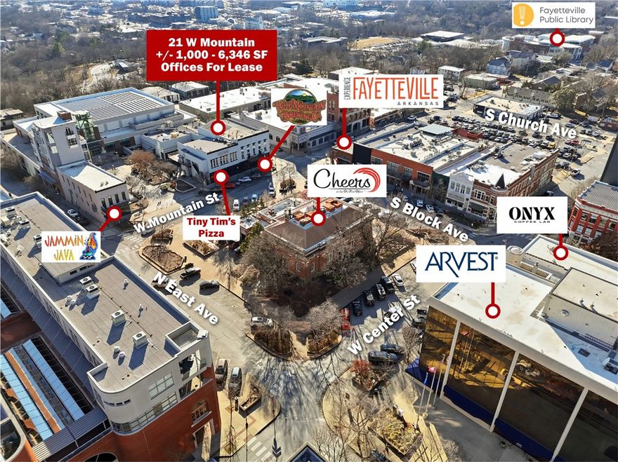 +/- 1,960 SF office space available for lease on the Fayetteville Downtown Square, offering excellent
visibility and flexibility for a wide range of users including retail, office, or restaurant concepts. The space features two separate entrances, with an opening to the building’s courtyard and one providing direct access to Block Avenue on the square. The layout includes two large open areas ideal for co-working, merchandise displays, or seating, along with two restrooms, and a welcoming reception area. Located adjacent to the Fayetteville Town Center and surrounded by high traffic destinations such as Tiny Tim’s Pizza, Jammin Java Coffee Bar, and numerous retail and entertainment venues, this modern space benefits from strong pedestrian activity and a premier downtown setting.