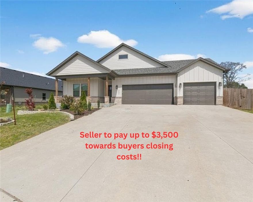 Conveniently located close to the Pea Ridge High School, trails, and only 15 minutes to downtown Bentonville. This beautiful plan features 4BDs / 2.5BAs, mud room, modern counters, custom cabinets w/wood hood above gas range, a large island, and 3 car epoxied garage!  The spacious backyard is ready to enjoy outdoor space. Above ground pool and shed to remain with the home.  Many upgrades to this one!  Come see it today!

Lender credit up to 1% of loan value to be offered by a preferred lender.  Seller will offer $3,500 in closing costs to buyer.