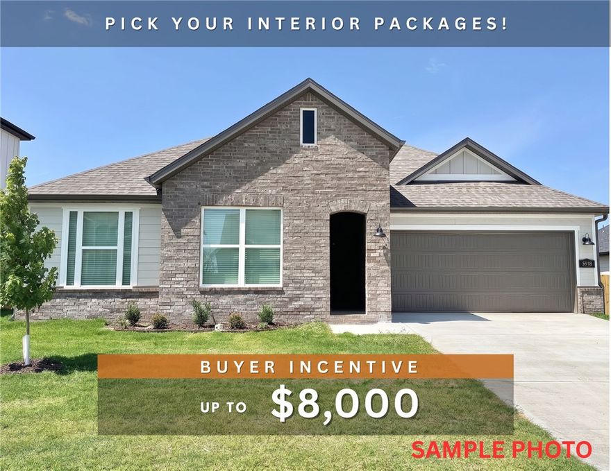 Fence, blinds and gutters included! Discover your dream home in the sought-after Osage Hills neighborhood. Arkansas plan with garage on the left and South facing! Pick your interior packages! 10 ft ceilings in the living/kitchen area, linear electric fireplace, 1 level, LVP flooring throughout the main living areas and primary bedroom, quartz countertops and more. Chef's kitchen boasting frigidaire stainless steel appliances, gas range ,pantry, quartz countertops, bar pull handles, large island and gorgeous backsplash. Luxurious primary bedroom features abundant natural light, while the spa-like primary bathroom offers a walk-in shower, double sinks, and spacious walk-in closets. Additional features include two large secondary bedrooms and a separate laundry room. Nestled on a generous lot with covered patio that overlooks the serene sodded, fully fenced backyard. Sturdy concrete siding & brick! Model home located at 6008 SW Coywolf St- Lot 122.