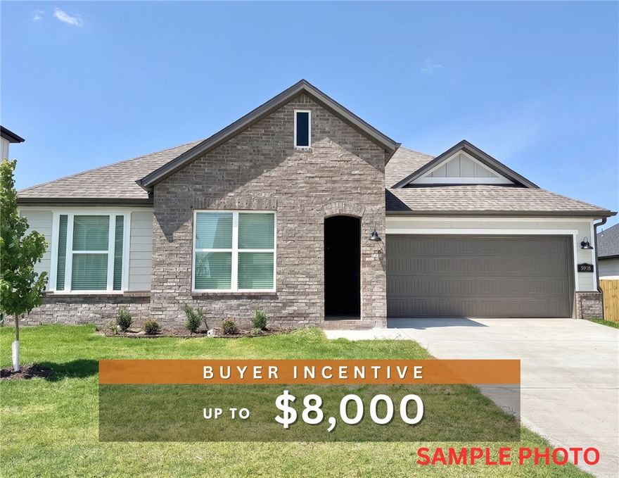 Fence, blinds and gutters included! Discover your dream home in the sought-after Osage Hills neighborhood. Arkansas plan with garage on the left and South facing! 10 ft ceilings in the living/kitchen area, linear electric fireplace, 1 level, LVP flooring throughout the main living areas and primary bedroom, quartz countertops and more. Chef's kitchen boasting frigidaire stainless steel appliances, gas range ,pantry, quartz countertops, bar pull handles, large island and gorgeous backsplash. Upgraded island paint color will be Urbane Bronze!  Luxurious primary bedroom features abundant natural light, while the spa-like primary bathroom offers a walk-in shower, double sinks, and spacious walk-in closets. Additional features include two large secondary bedrooms and a separate laundry room. Nestled on a generous lot with covered patio that overlooks the serene sodded, fully fenced backyard. Sturdy concrete siding & brick! Model home located at 6008 SW Coywolf St- Lot 122.