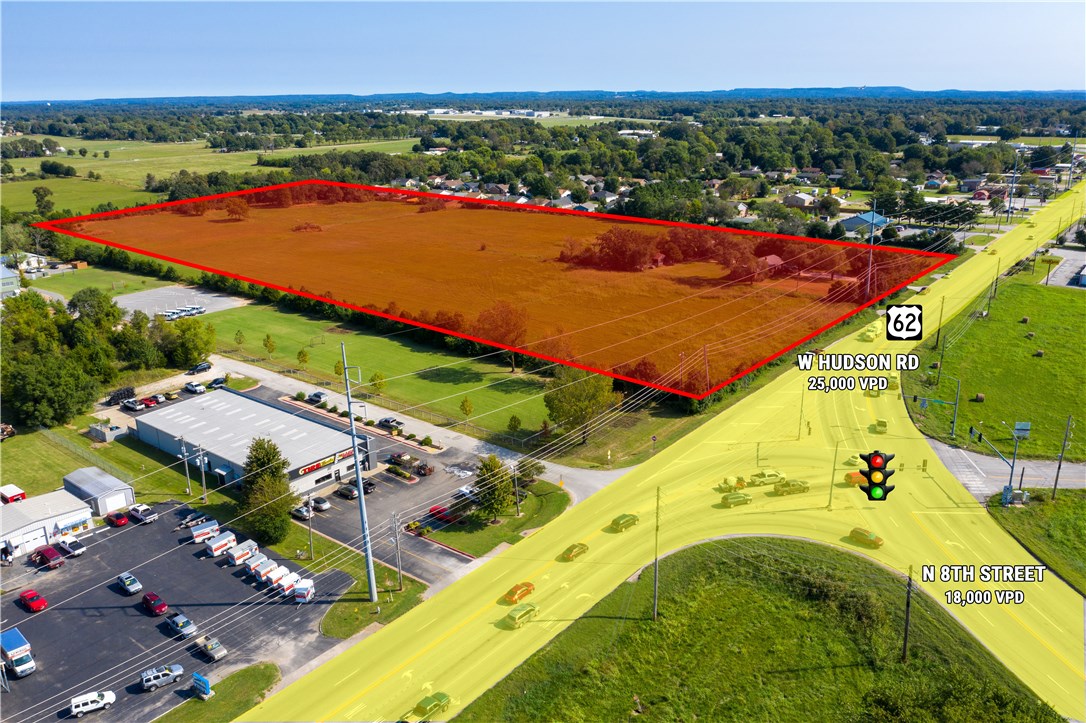 Excellent visibility at a lighted intersection with 659' frontage on W Hudson/Hwy 62. Located on a high traffic corridor only minutes from the Rogers Municipal Airport and Downtown Rogers. All utilities on site. Owner will consider subdividing.