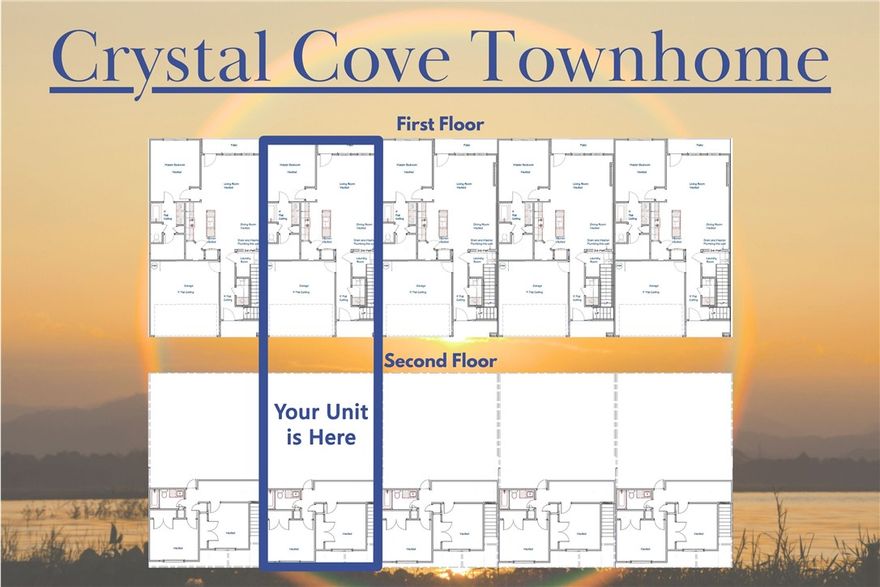 Welcome to Crystal Cove, where modern design meets everyday comfort in this beautifully crafted 3-bedroom, 2.5-bath townhome by Sunrise Homes. This ~1,582 sqft layout features a desirable primary suite on the main level, offering both convenience and privacy. The open-concept living space is highlighted by a soaring vaulted ceiling and large Clerestory Windows bringing in natural light for a bright, airy feel throughout. Also featuring a sleek electric fireplace, creating an inviting atmosphere. The kitchen flows seamlessly into the dining and living areas, perfect for entertaining. Upstairs includes two additional bedrooms, a full bath, and a loft-style hallway overlooking the main living area. Enjoy outdoor living with a covered back patio and private backyard. Low-maintenance living with thoughtful design throughout makes this home ideal for a variety of lifestyles.  Builder’s credit of $3,000 and Lenders Credit Up To $5,000 with Preferred Lender.