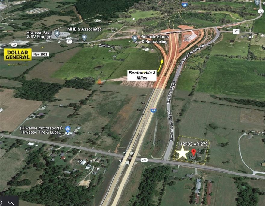 Corner lot located a mere 2 minutes off I49 Centerton exit w/ dual N/S highway for easy access to site.       Hwy 279, I49, Hwy 72 visible, 400' Frontage.Hwy 279 location will be prime spot on future 4- lane  highway for road to  XNA Airport.    Take advantage of area growth from recent expansion Interstate.  8 minutes from neighboring Bentonville Arkansas. Ideal location for Convenience Store, Retail, Services, Storage, Nursery or Pottery business,  Storage or Warehouse for Walmart Suppliers.  Multiple uses.  Septic and former farm well on site. Sewer approved Nov 2023.
Level open land, and  being a corner on Hwy 279 and Hiwassee Crossing Road, ARDOT said good site for multiple curb cuts.   Beautiful old,  well maintained Red Barn, very charming, and nice stone-wrapped 3 bed/2 bath home can become part of business, or used as rental income or removed. Buildings sold as is. Additional  buildings are a bonus for business use.