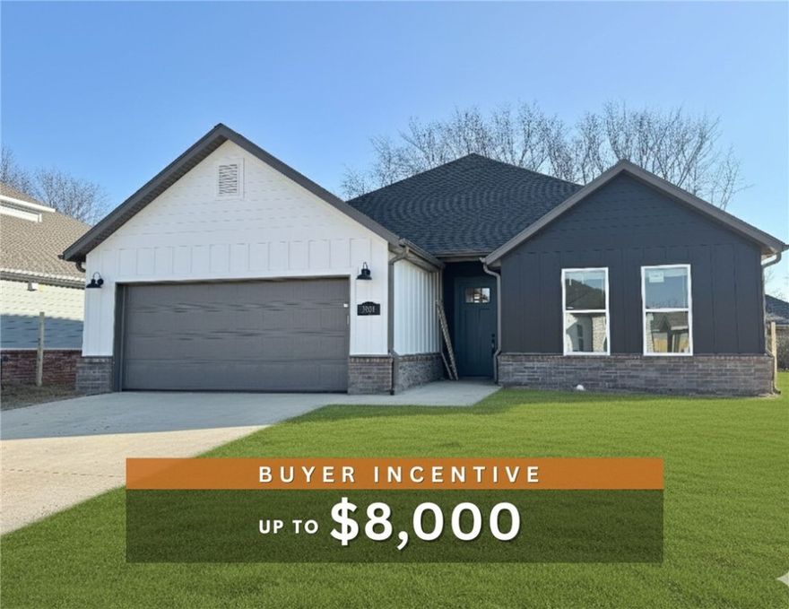 Fence, blinds and gutters included! Discover your dream home in the new neighborhood- Jacob's Crossing. Fredrick plan with 1 level, garage on the left & West facing! 10 ft ceilings in the living room, linear electric fireplace, LVP flooring throughout the main living areas & primary bedroom, quartz countertops & more. Chef's kitchen boasting frigidaire stainless steel appliances, gas range, pantry, quartz countertops, bar pull handles, large island & gorgeous backsplash. Luxurious primary bedroom features abundant natural light, while the spa-like primary bathroom offers a walk-in shower, double sinks, tub & spacious walk-in closets. Additional features include three large secondary bedrooms and a separate laundry room. Nestled on a generous lot with covered patio that overlooks the serene sodded, fully fenced backyard, creating an exceptional living experience. Sturdy concrete siding & brick! Model home located at 3631 Tranquility St-Lot 1.