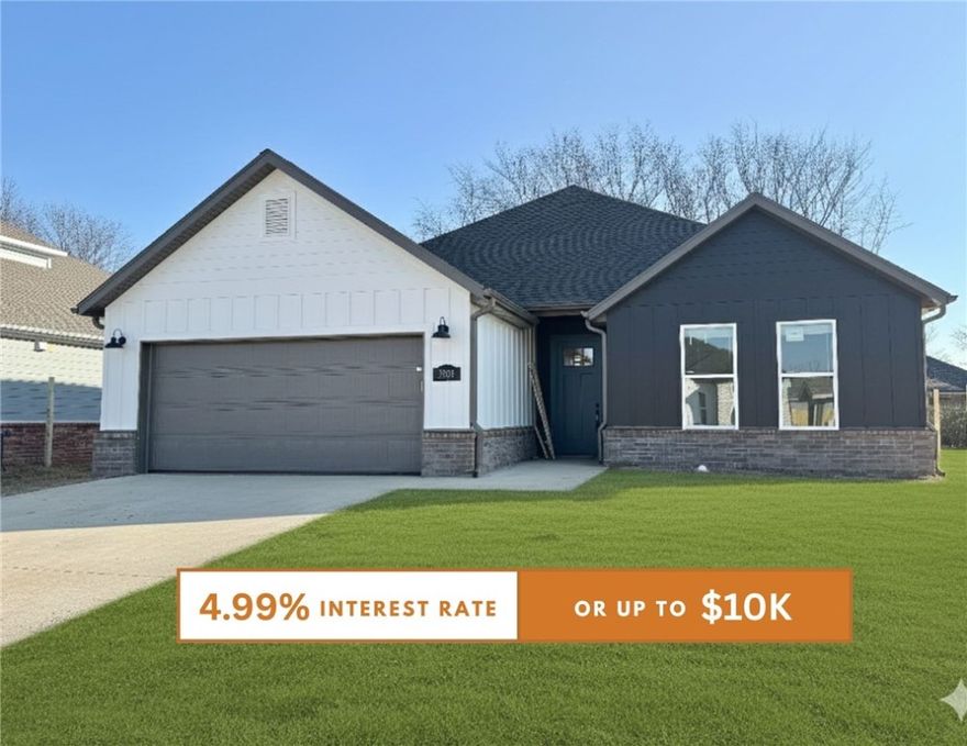 Fence, blinds and gutters included! Discover your dream home in the new neighborhood- Jacob's Crossing. Fredrick plan with 1 level, garage on the left & West facing! 10 ft ceilings in the living room, linear electric fireplace, LVP flooring throughout the main living areas & primary bedroom, quartz countertops & more. Chef's kitchen boasting frigidaire stainless steel appliances, gas range, pantry, quartz countertops, bar pull handles, large island & gorgeous backsplash. Luxurious primary bedroom features abundant natural light, while the spa-like primary bathroom offers a walk-in shower, double sinks, tub & spacious walk-in closets. Additional features include three large secondary bedrooms and a separate laundry room. Nestled on a generous lot with covered patio that overlooks the serene sodded, fully fenced backyard, creating an exceptional living experience. Sturdy concrete siding & brick! Model home located at 3631 Tranquility St-Lot 1.