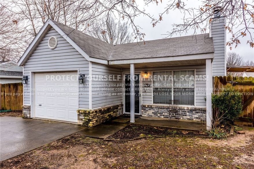 COMING SOON! Available approx. 6/4/26! Check out this beautiful 2 bedroom 2 bathroom home located just minutes away from shopping eateries, parks, walking trails, and a short drive from the University of Arkansas! This home features vaulted ceiling, ceiling fans, wood burning fireplace, vinyl wood flooring in living room & bedrooms, and tiled flooring in kitchen & bathrooms! Relax and enjoy some outdoor privacy in the fenced in backyard! BONUS: All appliances included! *Available date may change. Property is tenant occupied - do not disturb the tenant. **Tenant is responsible for all utilities and lawn care/maintenance. *Pets negotiable