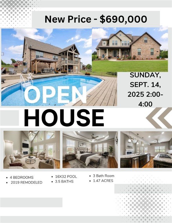 Set on over 1+ acre w/ serene views of open pastures, this home offers a blend of space, function, and style. In 2019, extensive renovations brought new life throughout: the kitchen was completely remodeled with granite countertops, custom cabinetry, updated lighting, stainless appliances, added cabinets, and a redesigned pantry. The main bathroom now features new: tile, frameless glass walk-in shower , soaker tub, cabinetry, and granite. A 2nd bath was reconfigured with a new walk-in shower, and the laundry room was upgraded with new tile, cabinetry, and a utility sink. Fresh paint was completed throughout the home the same year. The in-ground pool was enhanced in 2024 with a new liner, pump, and stairs, designed with a deeper center for swimming and lounging. Outdoor living is extended with a wraparound stained deck and a pergola added in 2023. A half bath in the unfinished basement offers easy access for pool guests. Distance Springdale, Fayetteville-15 minutes & Rogers/Bentonville 30. Elect. in storage bldg.
