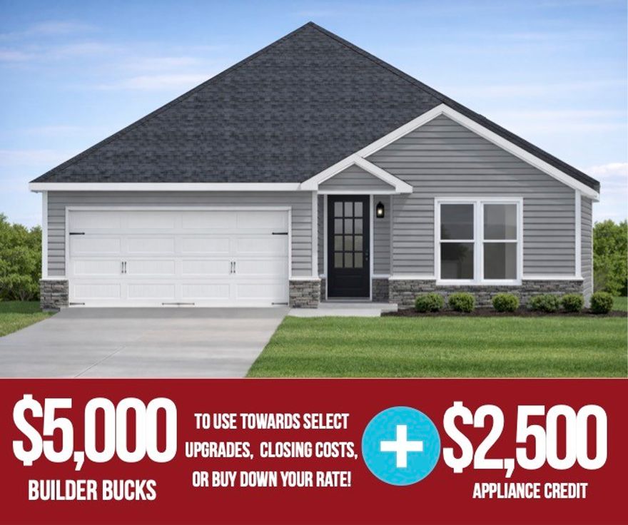 The Derby floor plan offers 3 bedrooms, 2 bathrooms, and a 2-car garage, all located in the Yorktown Subdivision, where traditional and modern architecture come together in the heart of Pea Ridge. This home features a MyQ app-powered garage door opener with an exterior keypad, allowing you to control access from anywhere, along with spacious garage depths ranging from 20 to 24 feet to comfortably fit larger vehicles and extra storage. Inside, durable LVP flooring runs through the living areas, kitchen, and hallways, providing warmth, style, and easy maintenance. Thoughtful details continue in the bathrooms with framed mirrors for a refined touch and cabinets over the toilets for added storage and everyday convenience.For a limited time, Lower your interest rate with $5,000 from the builder + $2,500 appliance allowance + up to 4k in closing costs from select lenders. For a total of up to 11,500K with lender incentives. Fence, blinds, and gutters are all included.