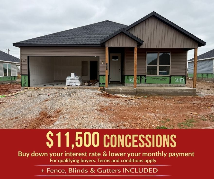 The Derby floor plan offers 3 bedrooms, 2 bathrooms, and a 2-car garage, all located in the Yorktown Subdivision, where traditional and modern architecture come together in the heart of Pea Ridge. This home features a MyQ app-powered garage door opener with an exterior keypad, allowing you to control access from anywhere, along with spacious garage depths ranging from 20 to 24 feet to comfortably fit larger vehicles and extra storage. Inside, durable LVP flooring runs through the living areas, kitchen, and hallways, providing warmth, style, and easy maintenance. Thoughtful details continue in the bathrooms with framed mirrors for a refined touch and cabinets over the toilets for added storage and everyday convenience.For a limited time, Lower your interest rate with $5,000 from the builder + $2,500 appliance allowance + up to 4k in closing costs from select lenders. For a total of up to 11,500K with lender incentives. Fence, blinds, and gutters are all included.