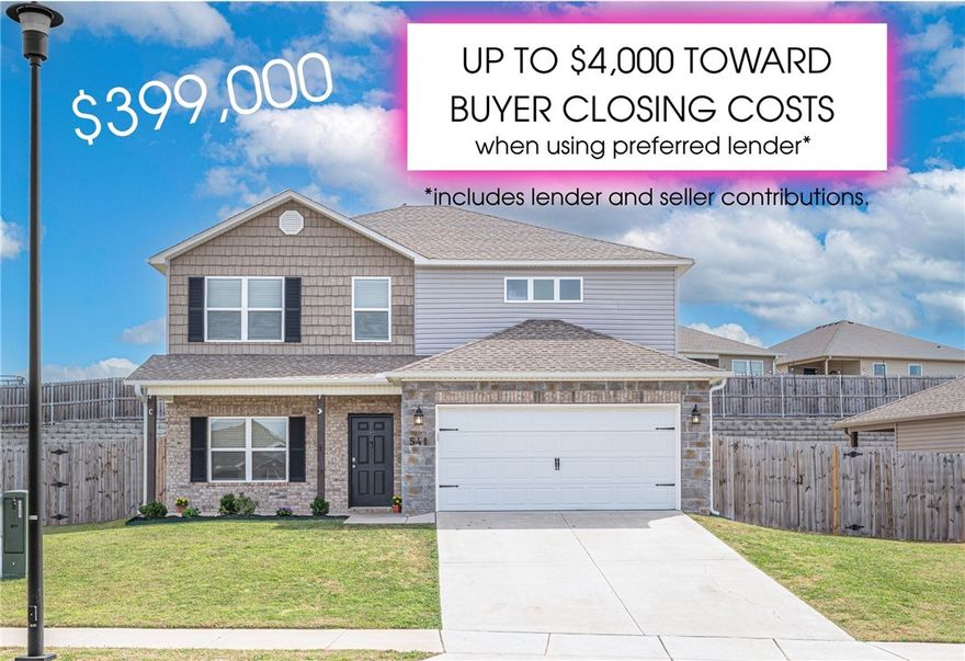 Great home in a sought-after neighborhood with fantastic community amenities! Enjoy paved walking trails throughout the subdivision that connect directly to Janie Darr Elementary, allowing kids to walk or bike to school via sidewalk trails. The community also offers a shared green space and playground, perfect for gathering with neighbors and enjoying the outdoors. Conveniently located near top schools, shopping, dining, and entertainment, with the Pinnacle Hills Promenade area just minutes away. This two-story home features 4 spacious bedrooms with large walk-in closets, 2.5 baths, and an oversized bonus room that could serve as a 5th bedroom, game room, or media room. The fenced backyard includes a unique rock retaining wall with potential for a charming courtyard-style outdoor living space. Easy commute to major employers, including Walmart Home Office and J.B. Hunt. Up to $4,000 toward buyer closing costs available with preferred lender, includes lender and seller contributions.