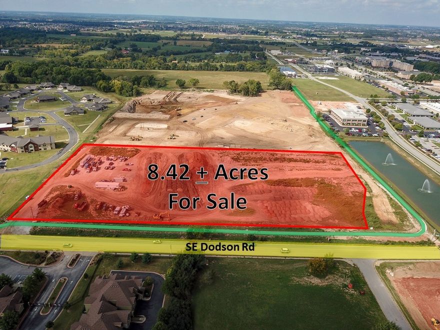 List price is negotiable.  8.42 +/- acres of development property surrounded by  Fountain Plaza office park, the Parc Apartments, retail and Walmart Pickup Grocery.  Access from S Dodson with plans to widen and improve the streetscape of Dodson.  Featured trail for biking and running that connects to the City of Bentonville Community Center and Razorback Greenway Trail to the east.
