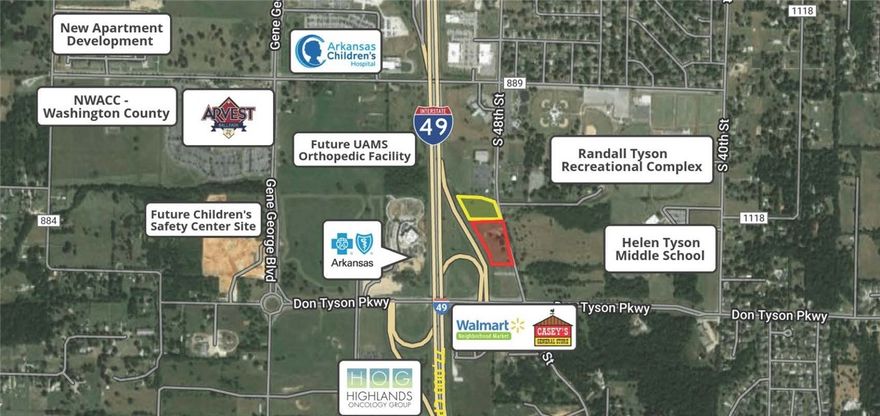 Prime development opportunity in a rapidly growing area. Acreage neighbors the Randall Tyson Recreational Complex and Helen Tyson Middle School. Near many large scale developments taking place along I-49 and Don Tyson. Owner will subdivide as needed. Near Walmart Neighborhood Market and Casey's General Store. High traffic area with visibility from I-49. Centrally located between Fayetteville and Rogers.