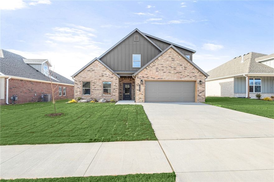 Beautiful New Construction Home in Heritage Ranch Subdivision! This 2,148 SF home has 4 bedrooms, spacious open living, abundant storage, and large covered patio. Foyer entry welcomes you in with garage access to the right and a guest bedroom and bathroom to the left. The living room boasts vaulted ceilings and a fireplace feature, along with great natural light. Gorgeous LVP flooring throughout the living areas. The kitchen is open to living and dining, perfect setup for everyday and entertaining. A massive pantry offers amazing storage space. Bright dining area with backyard views. The primary suite is a spacious and relaxing retreat with attached bath featuring a large shower, soaking tub, and WIC connecting to laundry. Upstairs are two guest bedrooms and guest bath. 2 car garage has extra storage closet. The covered patio is an excellent outdoor living space and enjoy your yard space. Located next to Schools, Aquatic Center, and Parks. Nearby John Brown University and historic Downtown Siloam Springs.