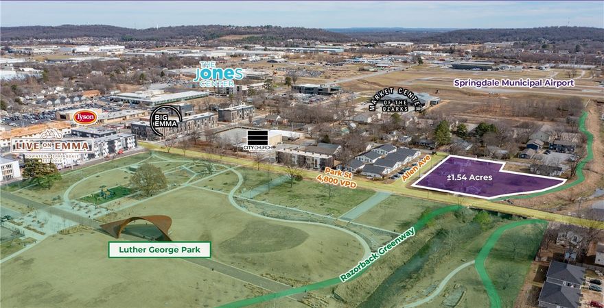 This Opportunity Zone–eligible property is located within a versatile commercial zoning district that supports a wide range of development opportunities, including retail, dining, professional offices, medical clinics, financial institutions, and other neighborhood-serving uses. The property is offered for sale as a land-only transaction, with existing structures conveyed as-is and no inspections to be performed. Positioned in downtown Springdale directly across from the newly renovated Luther George Park, the site offers excellent visibility and features approximately 290 feet of unobstructed frontage along the south side of the Razorback Greenway Trail near Mile 16.