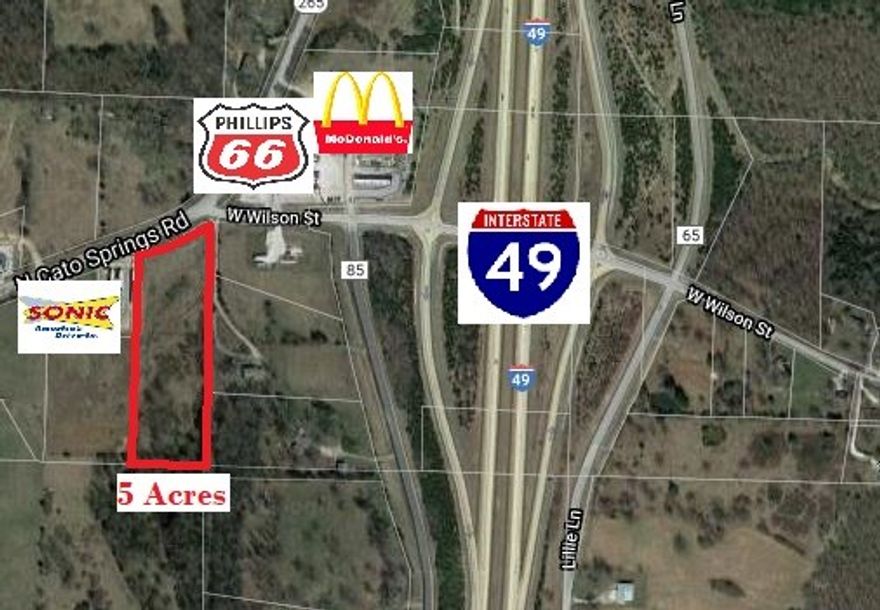 Five acres of unimproved land in south Fayetteville, AR. Sewer and water are at the street. Property has been surveyed in the past for the land split (Sonic) and is currently zoned C2.  This property will work great for B & C class developments. All surrounding land is zoned commercially as well. Fast food or sit down restaurant will do very well here as well as general business or offices. The most recent traffic count for I-49 along this corridor was in 2021 and recorded over 30,000 VPD.  In 2022 this spot along Cato Springs Rd saw an average  of 5,000 VPD.  Washington county has seen consistent and healthy growth. Northwest Arkansas is the fastest growing metro area in the state and 22nd for the entire United States. Come and root with the Arkansas Razorbacks. WOO PIG SOOIE.......

If more land is desired there is additional neighboring acreage for sale. Inquire for more information about this additional option........

* Nearest Airport: Drake Field*  ~ 4 Miles usually a 10min Drive.