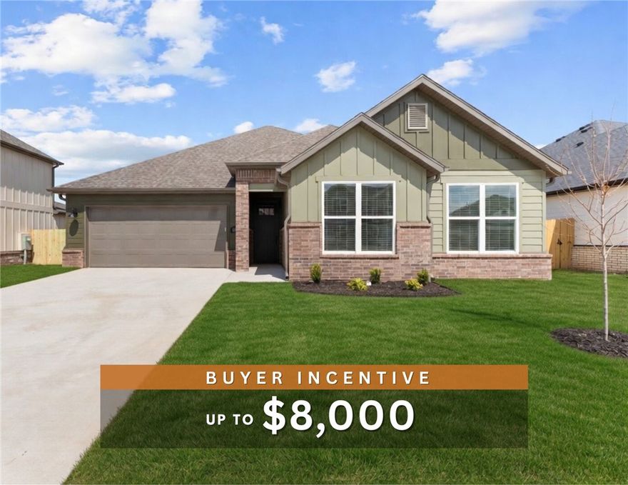 Discover your dream home in the sought-after Osage Hills neighborhood. Benton plan with garage on the left and South facing! 10 ft ceilings in the living/kitchen area, linear electric fireplace in the living, 1 level, LVP flooring throughout the main living areas and primary bedroom, quartz countertops and more. Chef's kitchen boasting frigidaire stainless steel appliances, gas range, pantry, quartz countertops, bar pull handles, large island and gorgeous backsplash. Luxurious primary bedroom features abundant natural light, while the spa-like primary bathroom offers a walk-in shower, double sinks, and spacious walk-in closets. Additional features include three large secondary bedrooms and a separate laundry room. Nestled on a generous lot with covered patio that overlooks the serene sodded, fully fenced backyard. Model home located at 6008 SW Coywolf St- Lot 122.