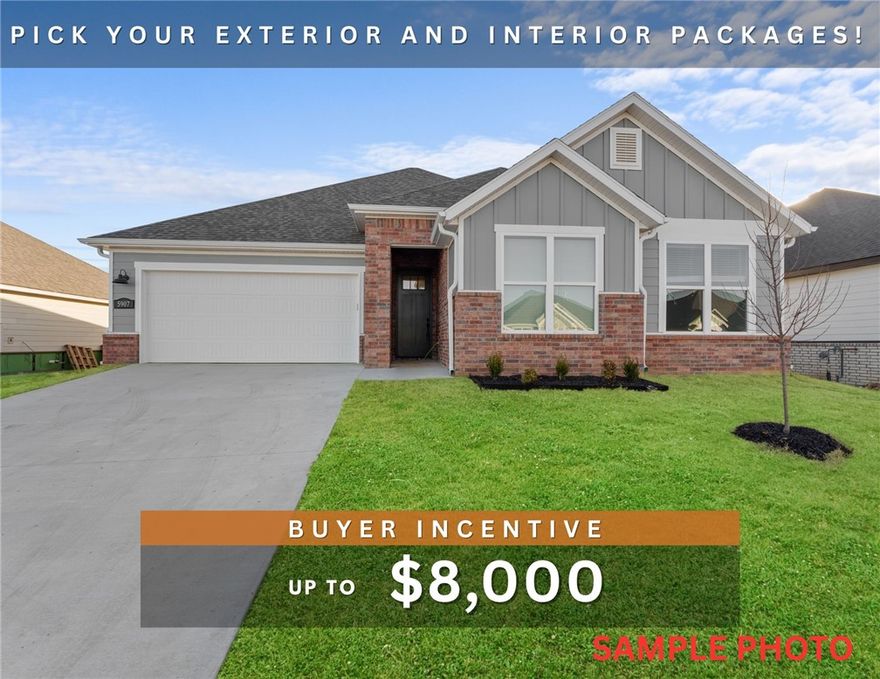 Fence, blinds and gutters included! Discover your dream home in the new neighborhood- Jacob's Crossing. Benton plan with garage on the left and East facing! Select your exterior and interior packages! 10 ft ceilings in the living/kitchen area, linear electric fireplace in the living, 1 level, LVP flooring throughout the main living areas and primary bedroom, quartz countertops and more. Chef's kitchen boasting frigidaire stainless steel appliances, gas range, pantry, quartz countertops, bar pull handles, large island and gorgeous backsplash. Luxurious primary bedroom features abundant natural light, while the spa-like primary bathroom offers a walk-in shower, double sinks, and spacious walk-in closets. Additional features include three large secondary bedrooms and a separate laundry room. Nestled on a generous lot with covered patio that overlooks the serene sodded, fully fenced backyard. Sturdy concrete siding! Model home located at 3631 Tranquility St- Lot 1.