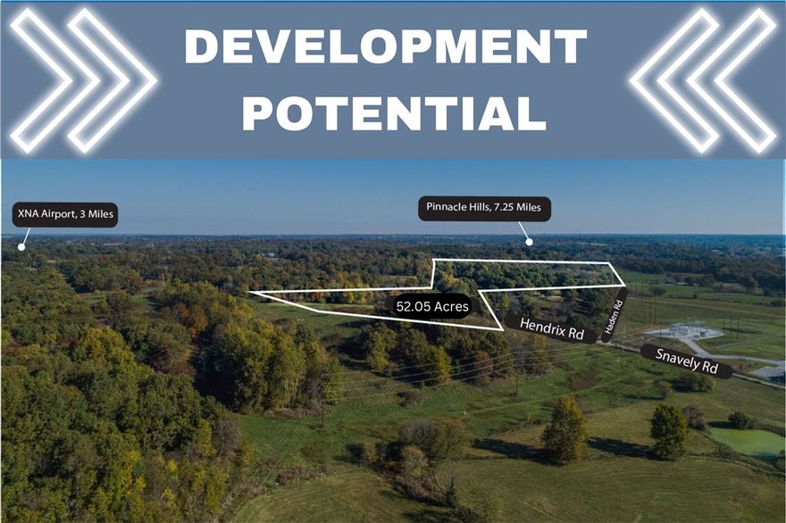 Bentonville Schools AND a Bentonville address! Land is perfect for the next development (subdivision) in Bentonville or a serene escape. Gentle rolling hills, beautiful mature trees, gully's, pond and views! City water, electric and septic at street. Sewer less than a mile away at Rocky Comfort Rd. This idyllic property offers a perfect blend of natural beauty and convenience, located within the highly sought-after Bentonville School District, ensuring excellent educational opportunities. Paved Road to property. Very close to the new Arkansas XNA Connector (Job 090069) off of Hwy 612 - Easy access to all of NWA!