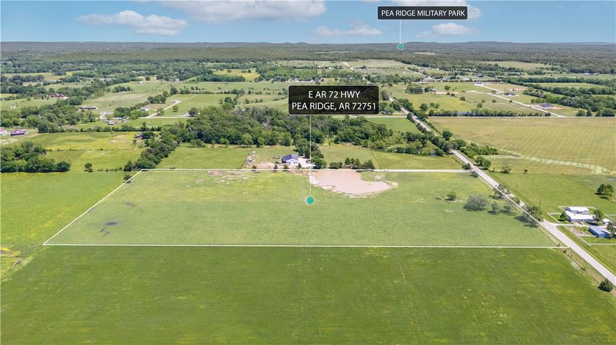 Development Potential! TWENTY flat open acres on Highway 72, located between downtown Pea Ridge and the Pea Ridge Military Park. This property is ideal for a potential new subdivision or residential multifamily development.  There are new subdivisions being developed just down the highway.  City annexation has been approved. The property has 659ft of road frontage and is 1,322ft deep. The pond on the property is very shallow. Current survey attached to listing. For access to the property, please contact the list agent to schedule an appointment.