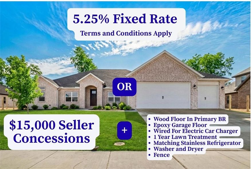 Seller is offering Wood Flooring in the Primary Bedroom, Epoxy Garage Floor, Wired for Electric Car Charger in the Garage, 1 Year Lawn Treatment Program, Matching Stainless Refrigerator, Washer, Dryer, and $15,000 in Closing Costs, OR a 5.25% Fixed Rate (Terms and Conditions Apply with the builder’s preferred lender). This stunning one-level home features an open floor plan with 5 bedrooms and 3.5 bathrooms. The kitchen includes double ovens, quartz countertops, and custom cabinetry with soft-closed doors and drawers. The spacious primary suite offers a large walk-in closet, double vanity, and tiled shower. Beautiful finishes throughout, plus a covered patio with a fireplace for outdoor entertaining.